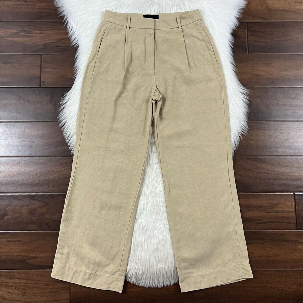 Nili Lotan Size 4 Khaki Linen Silk Wide Leg Dayton Pants Pleated Front